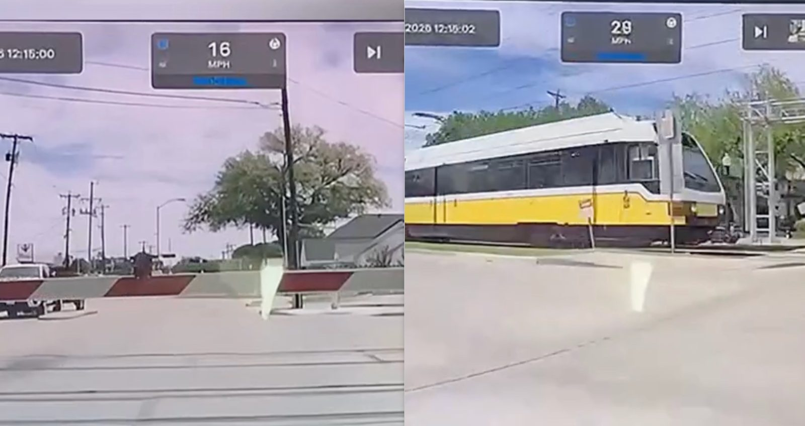Tesla Model 3 FSD railroad crossing barrier collision incident
